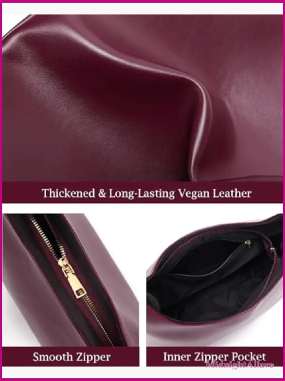 Medium Vegan Leather Hobo Bag Slouchy Shoulder Tote Work Purse with Zipper
